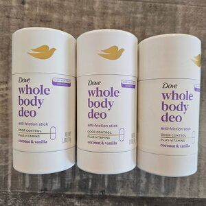 (3) NEW Dove Whole Body Deodorant Coconut Vanilla Anti-Friction Stick Anti-Chaff